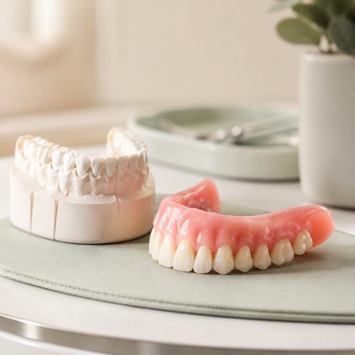Denture model next to a plaster dental cast